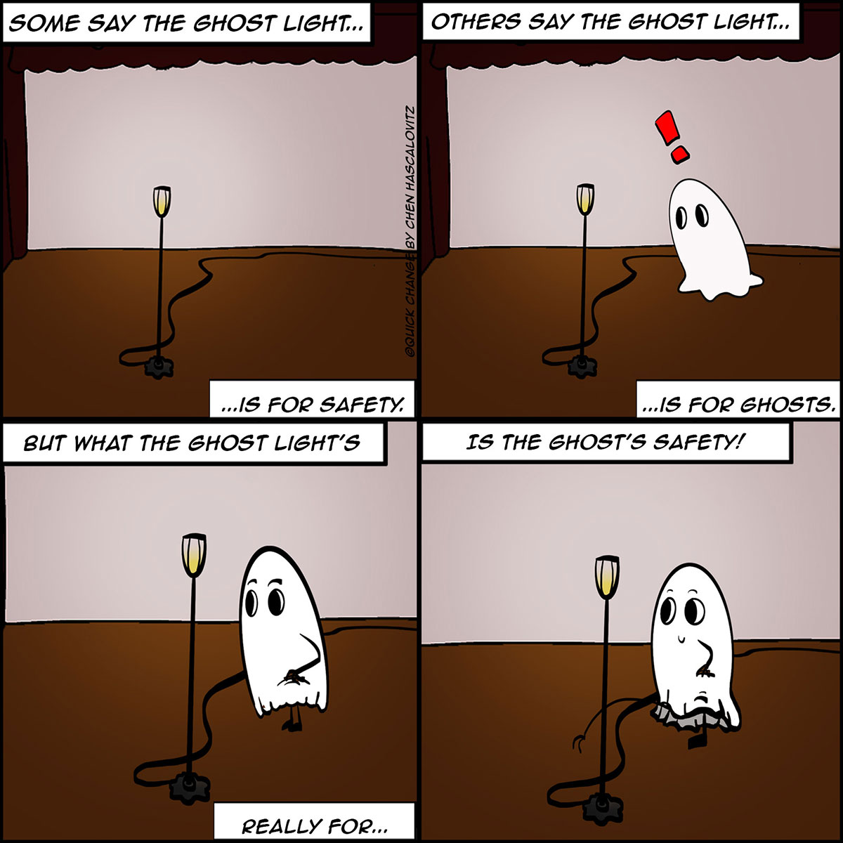 Four panel comic illustrating the ghost light on the theatre stage.